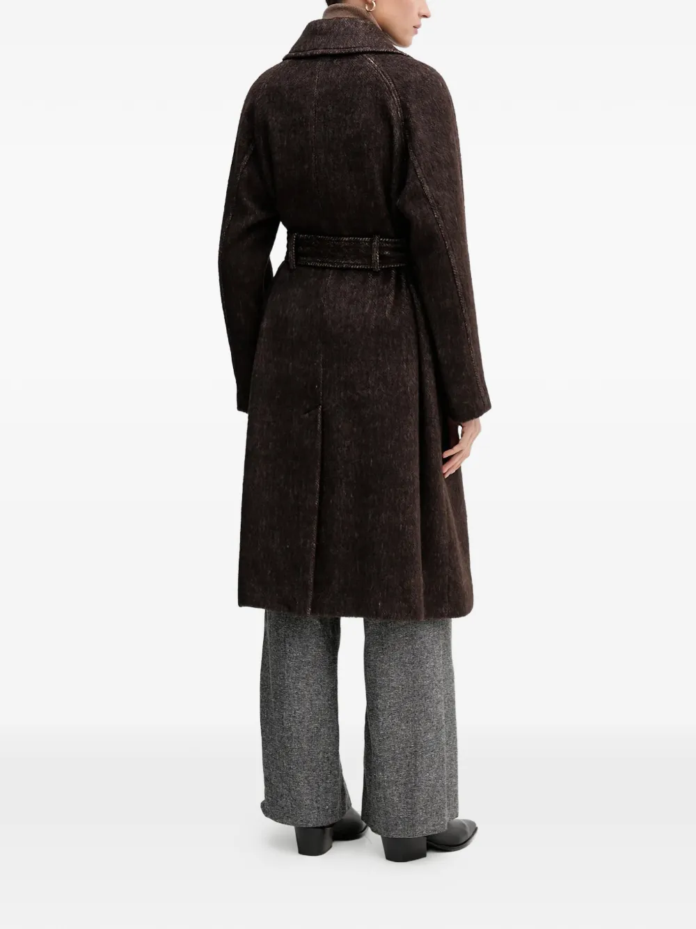  Sisley Belted Collared Single-breasted Coat - Brown 