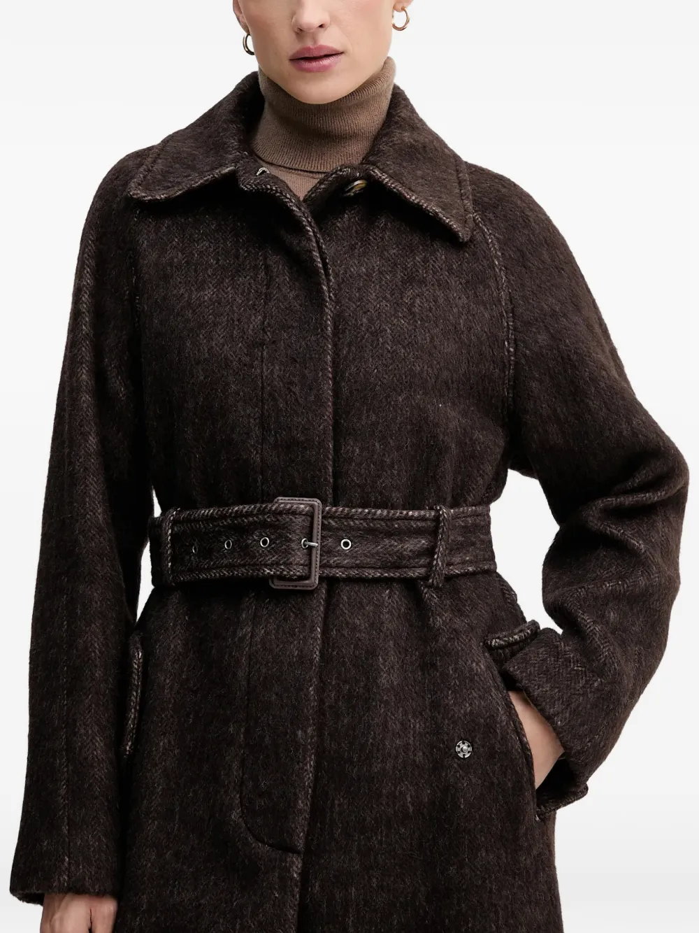  Sisley Belted Collared Single-breasted Coat - Brown 