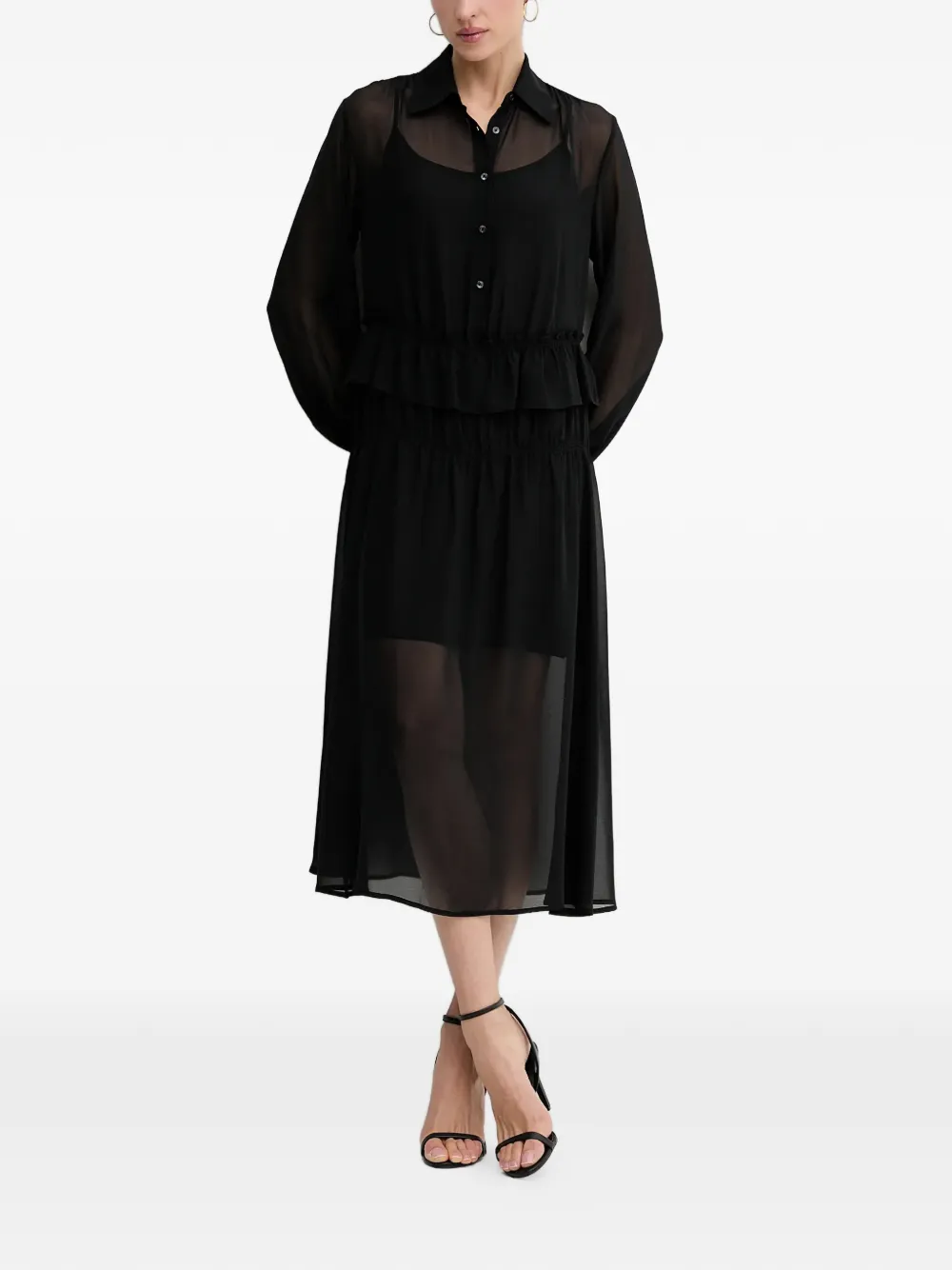 Sisley ruffled buttoned midi shirt dress - Nero