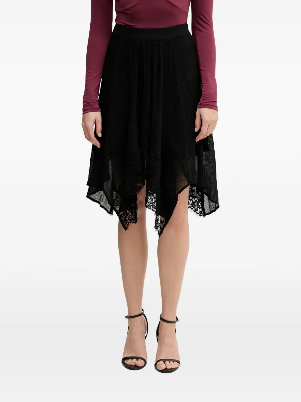 Sisley lace-trim asymmetric midi skirt - Nero