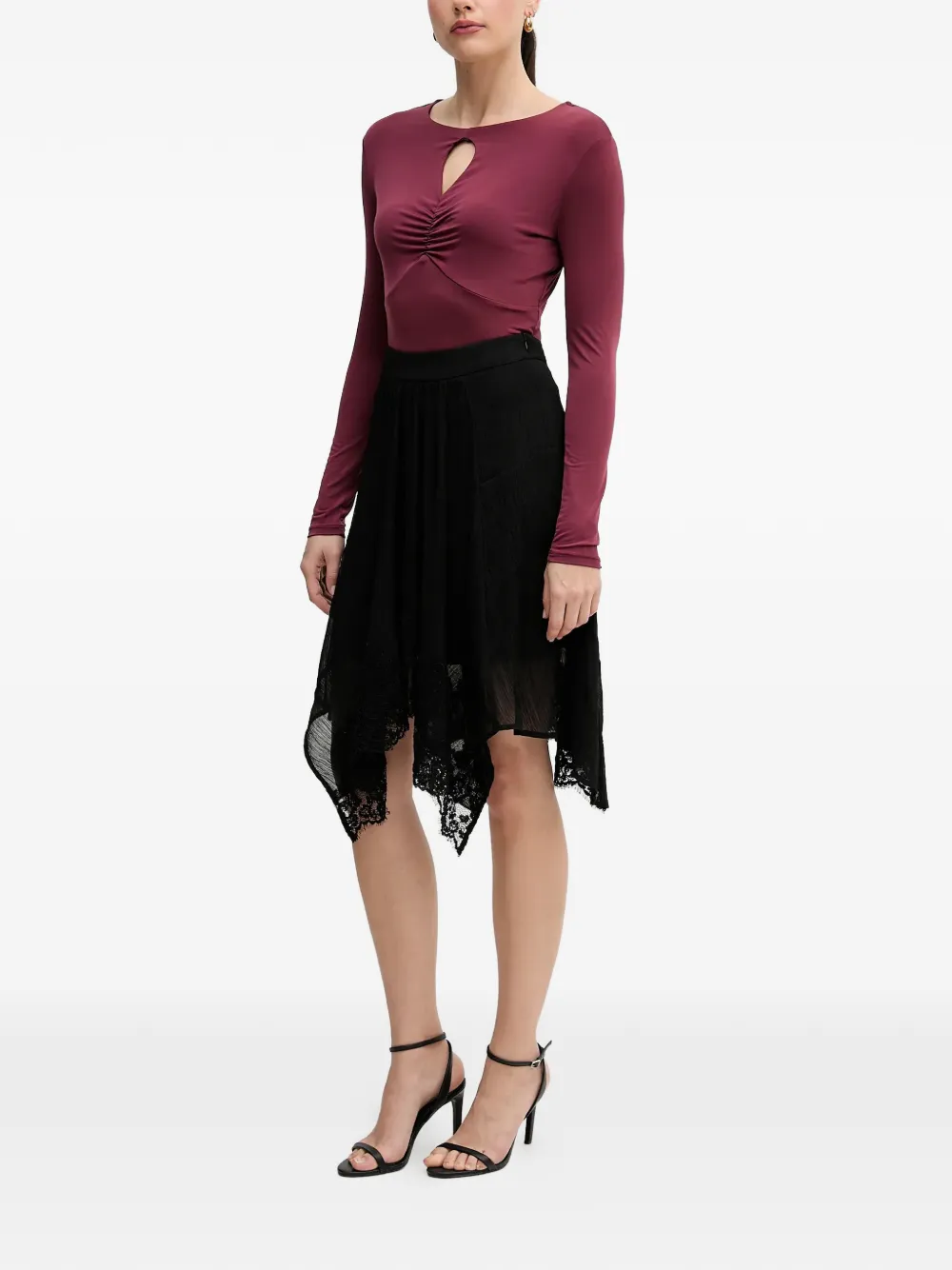  Sisley Lace-trim Asymmetric Midi Skirt - Black 