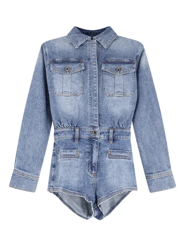 Self-Portrait Rhinestone Denim Playsuit in Blue