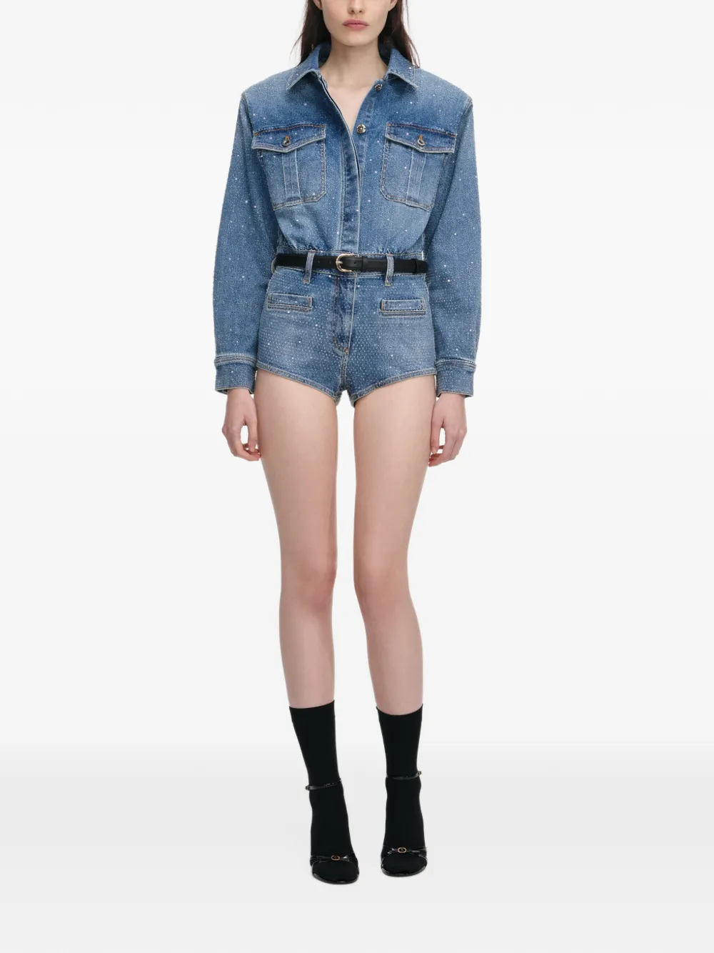 Self-Portrait pocket denim playsuit - Blu