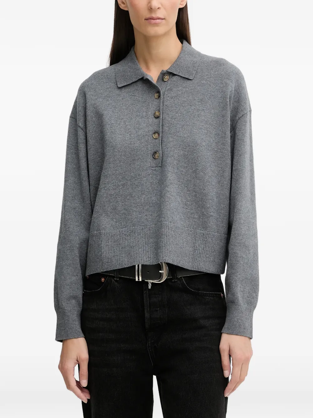Marc O'polo Long-sleeve Knitted Polo Shirt In Gray