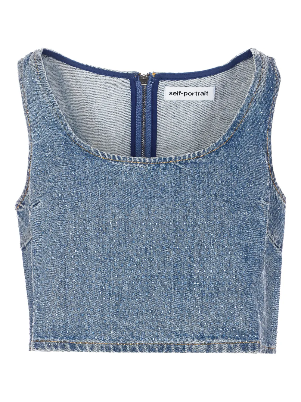 Self-Portrait scoop-neck denim crop top - Blu