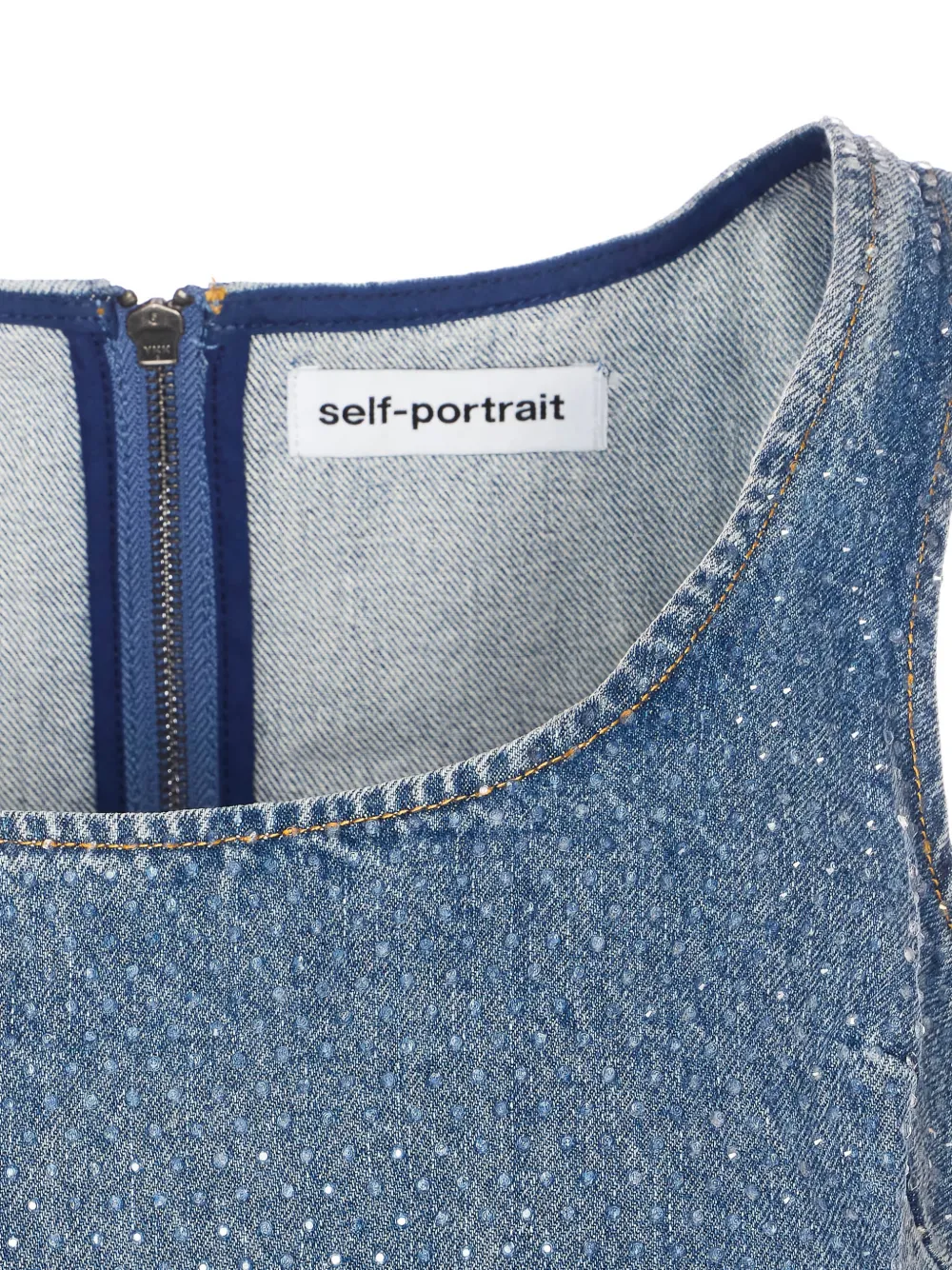 Self-Portrait Denim cropped top met diepe ronde hals Blauw