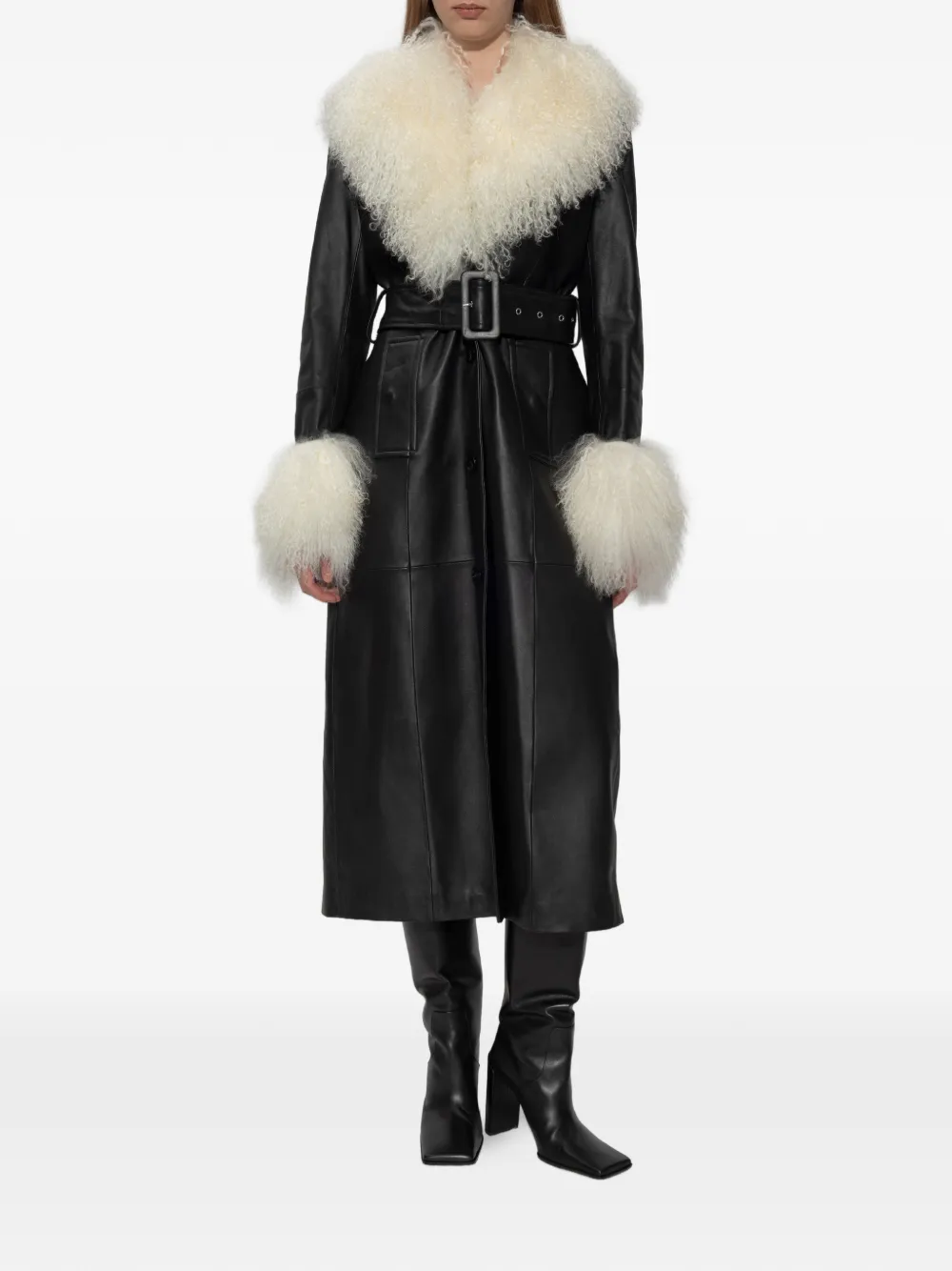  Stand Studio Monica Fur-trim Belted Coat - Black 