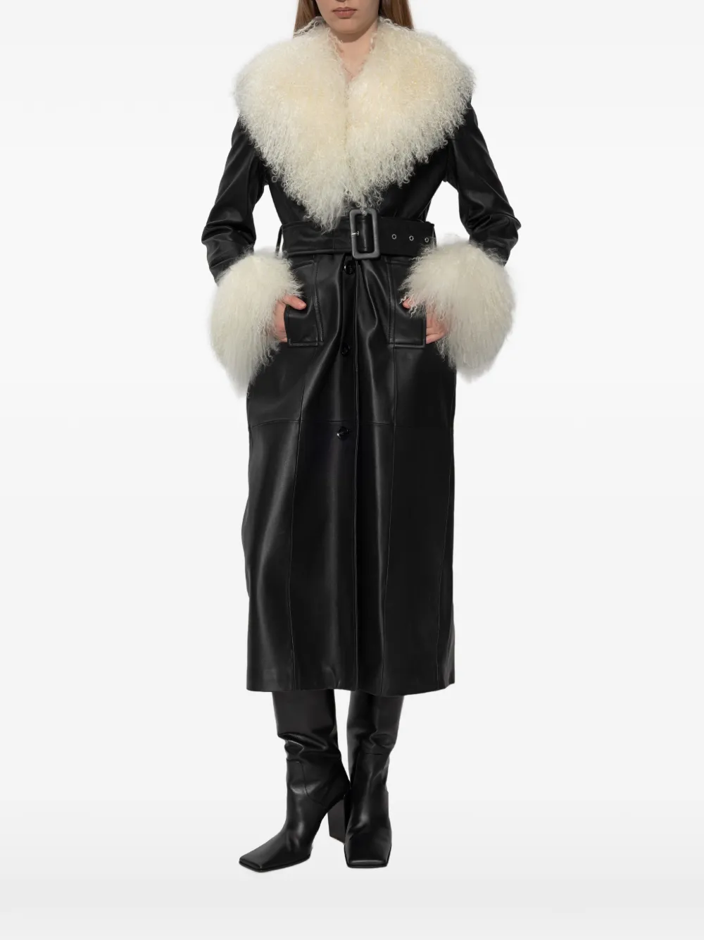 STAND STUDIO Monica fur-trim belted coat - Schwarz