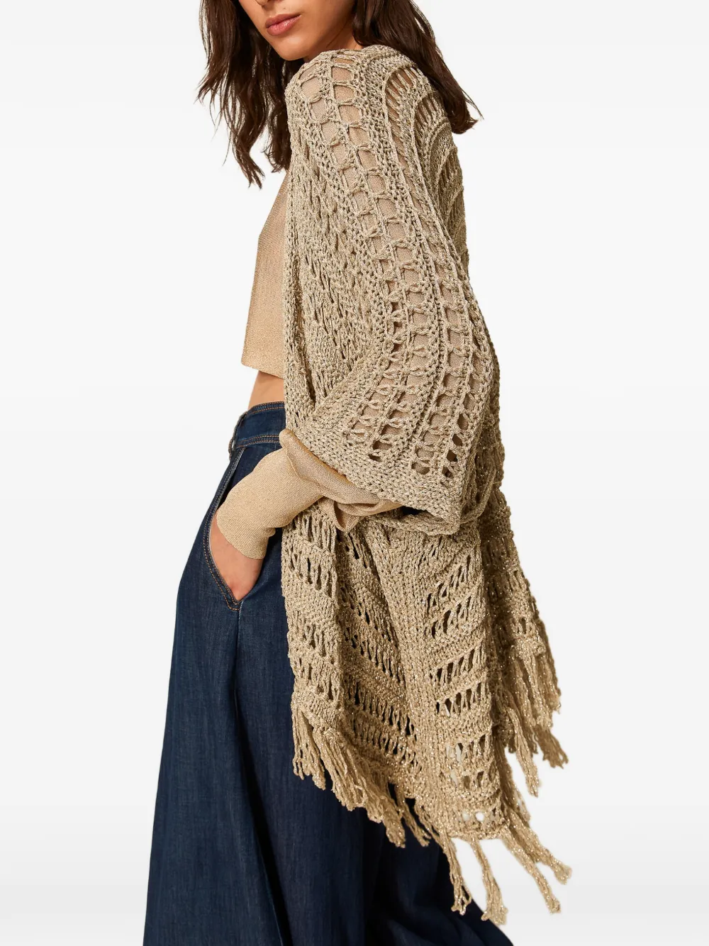  Twinset Knitted Fringed Poncho - Neutrals 