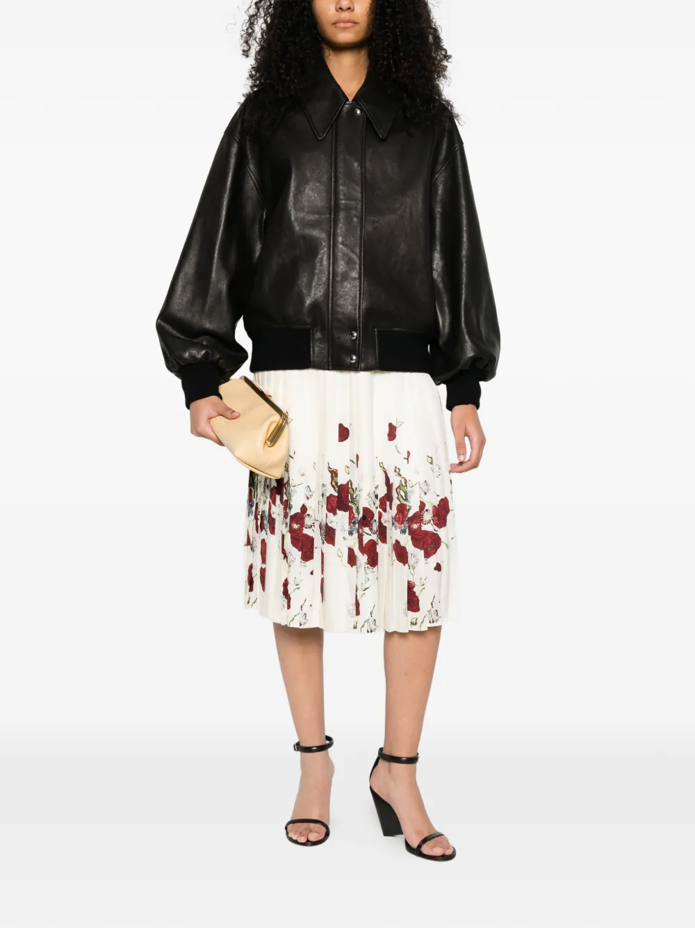 KHAITE pleated floral midi A-line skirt - Beige