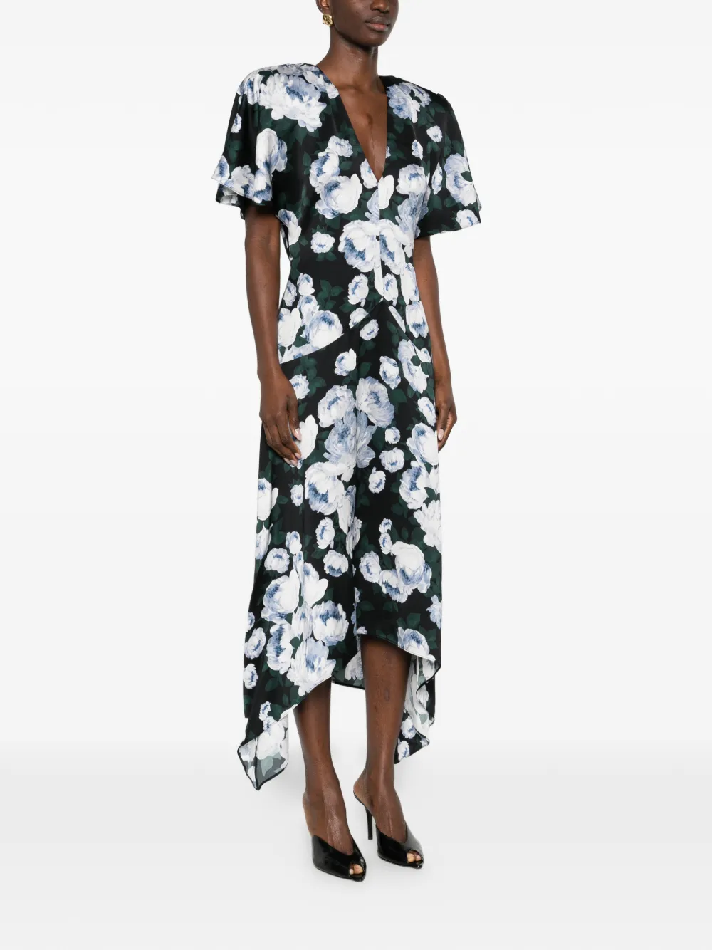 Stella McCartney Envers midi-jurk met bloemenprint en V-hals Zwart