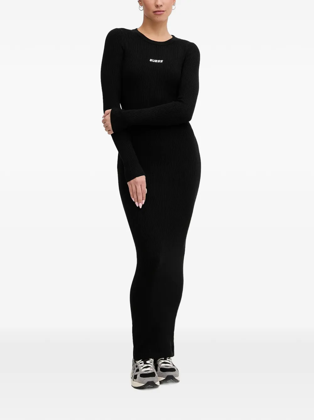GUESS USA Geribbelde maxi-jurk met lange mouwen Zwart