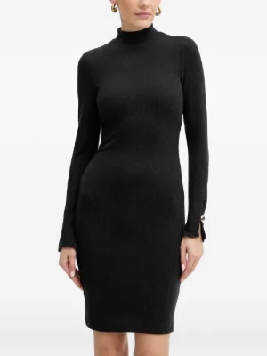 black knit long sleeve mini dress Frilled Neck Ribbed Knit Patchwork Mini Dress Black / Medium
