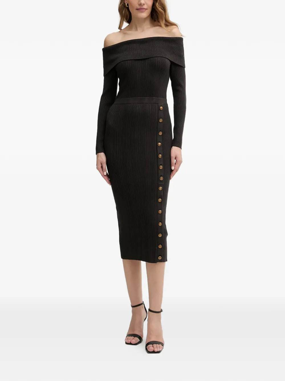 GUESS USA off-shoulder button midi dress - Marrone