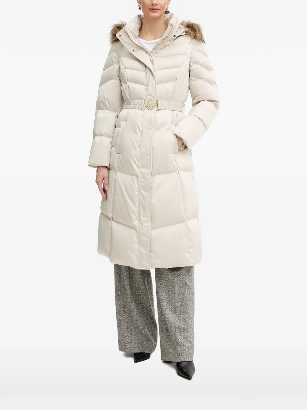 GUESS USA fur hooded belted jacket - Nude