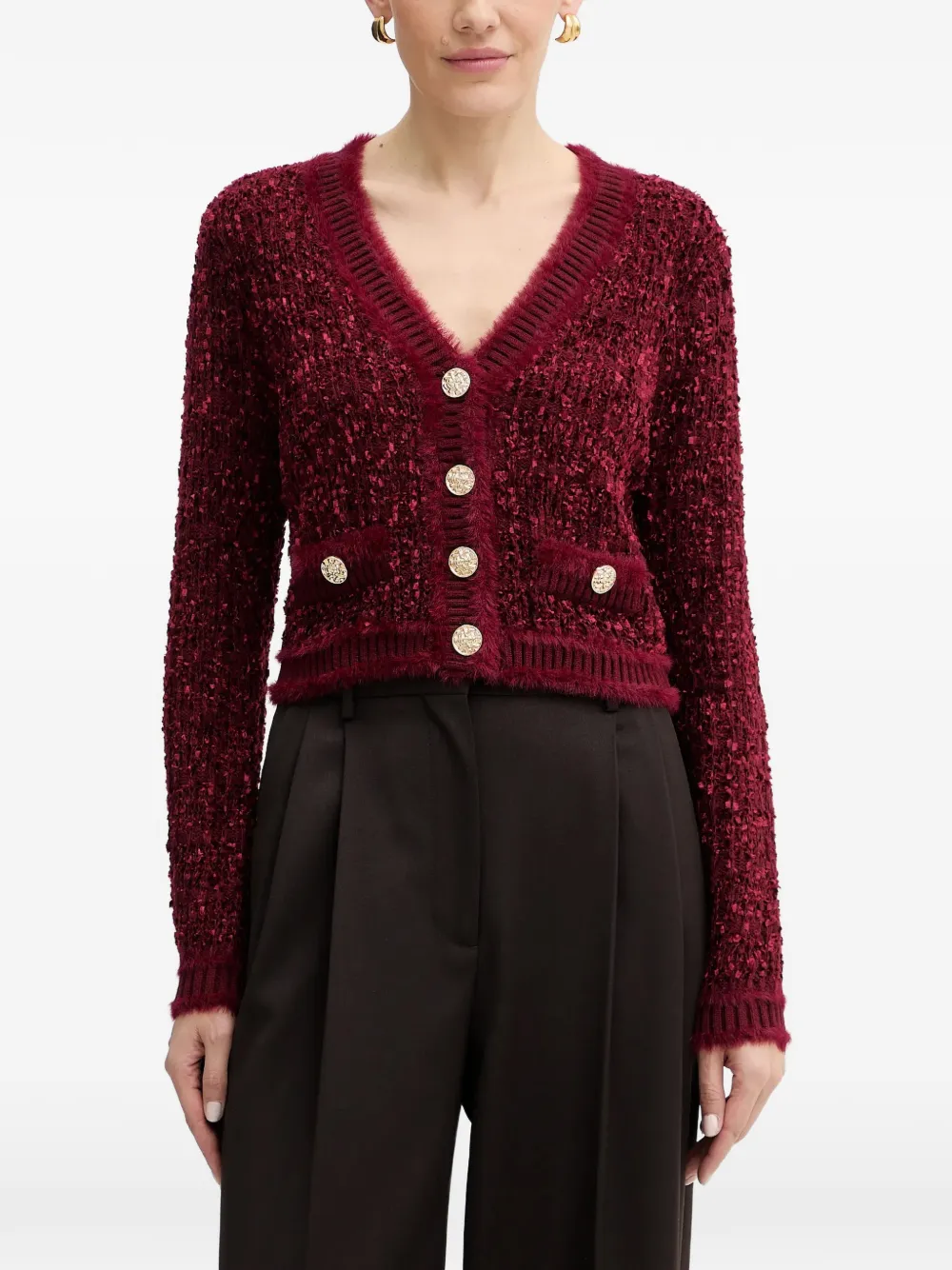 Guess Usa Button V-neck Cardigan In Red