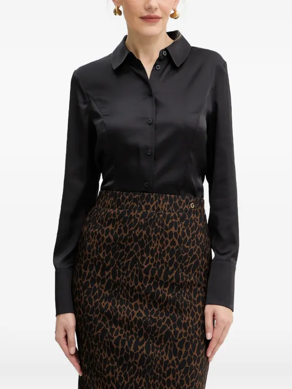 guess black dress shirt Guess, Woman, Slim-Fit Satin Shirt, Black, Size XS
