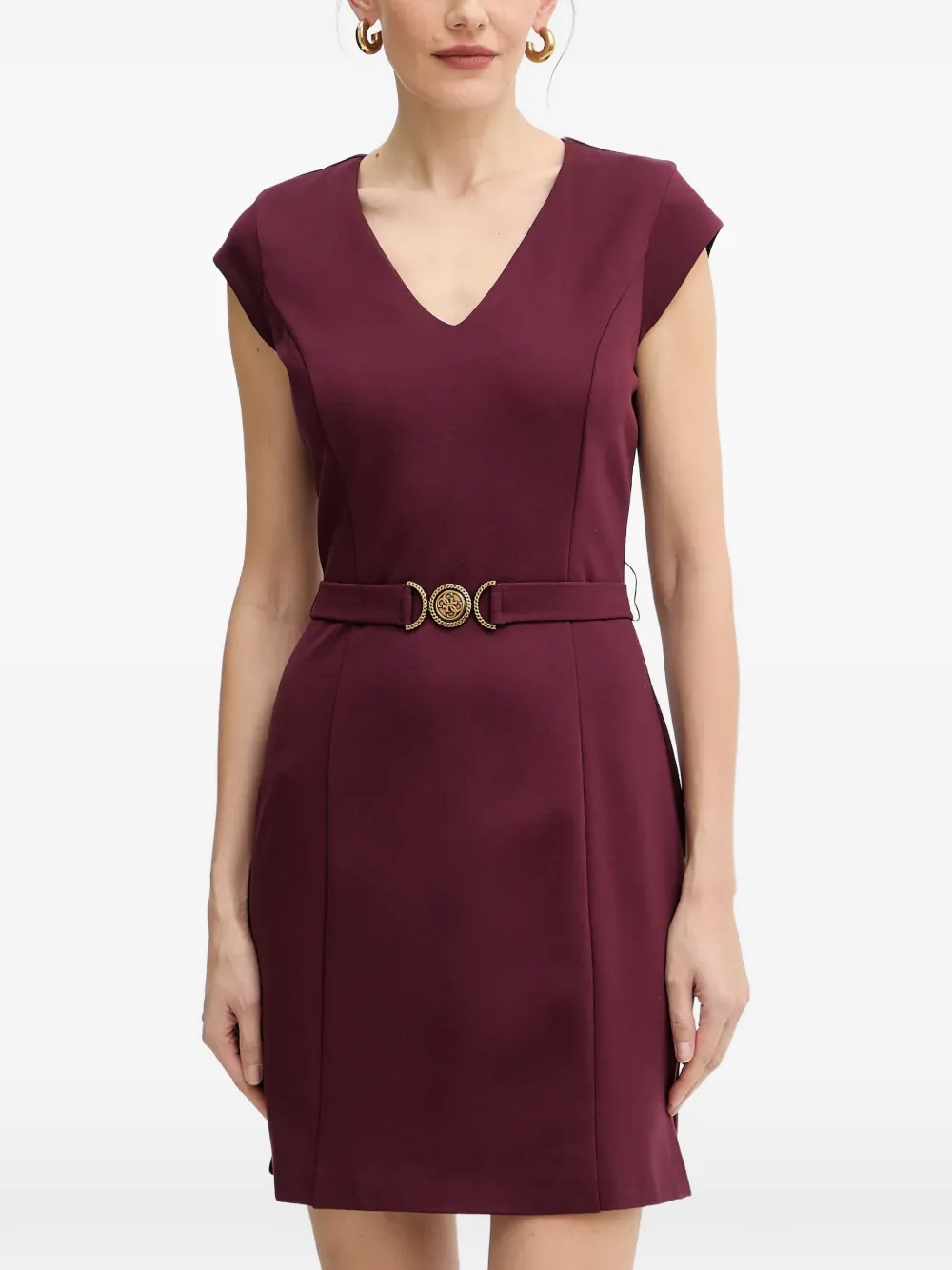 Guess Usa V-neck Belted Mini Dress In Burgundy