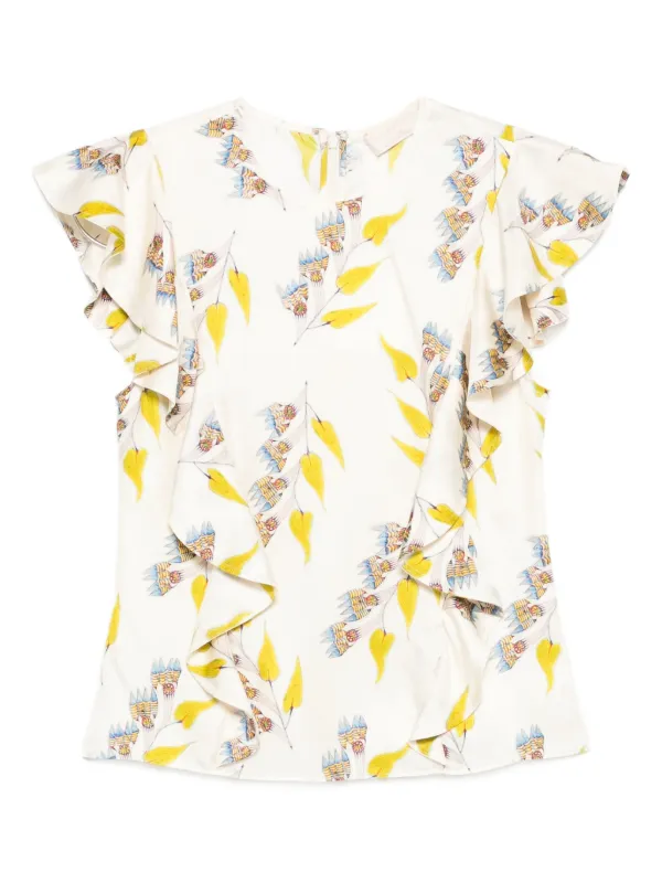 Ulla Johnson Botanical Ruffled Blouse in Neutrals