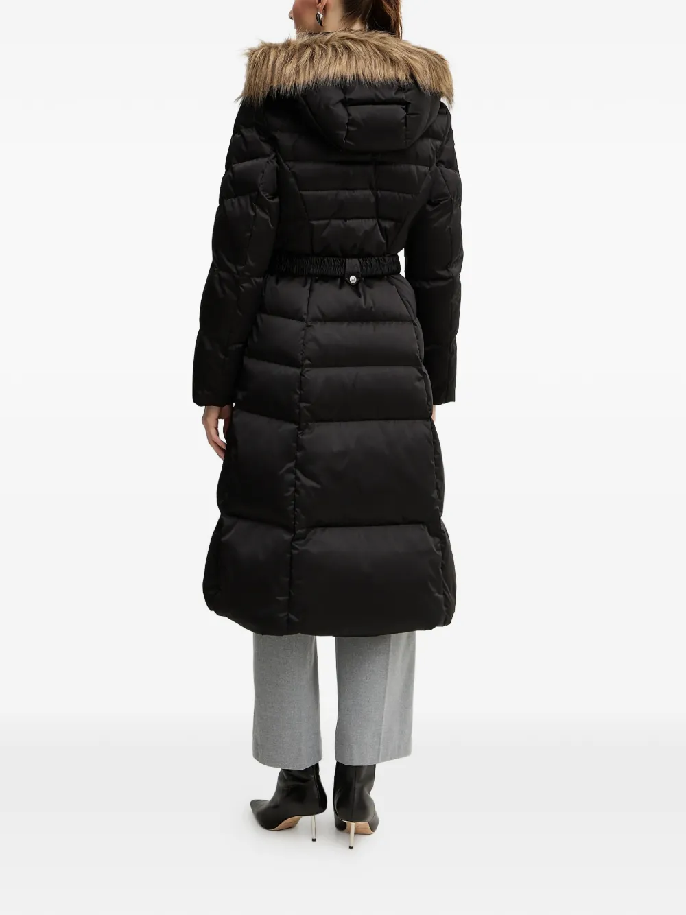 GUESS USA faux-fur hooded belted coat - Zwart