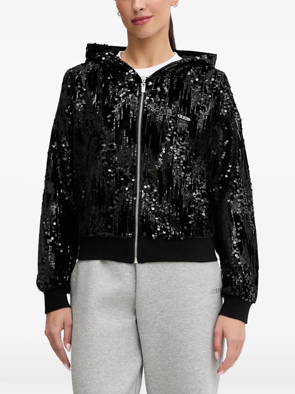 GUESS USA sequin hooded top | Black | Image 1