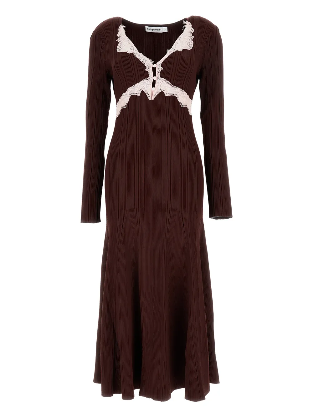 Self-Portrait ribbed lace A-line dress - Brown