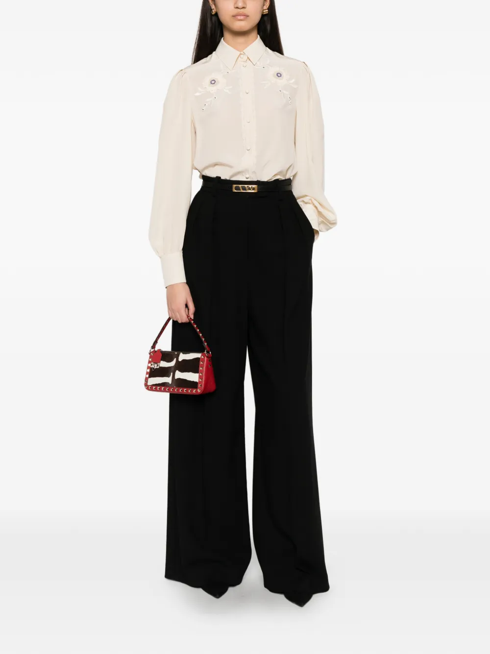 Valentino Garavani Blouse met geborduurde bloemen en geplooide mouwen Beige