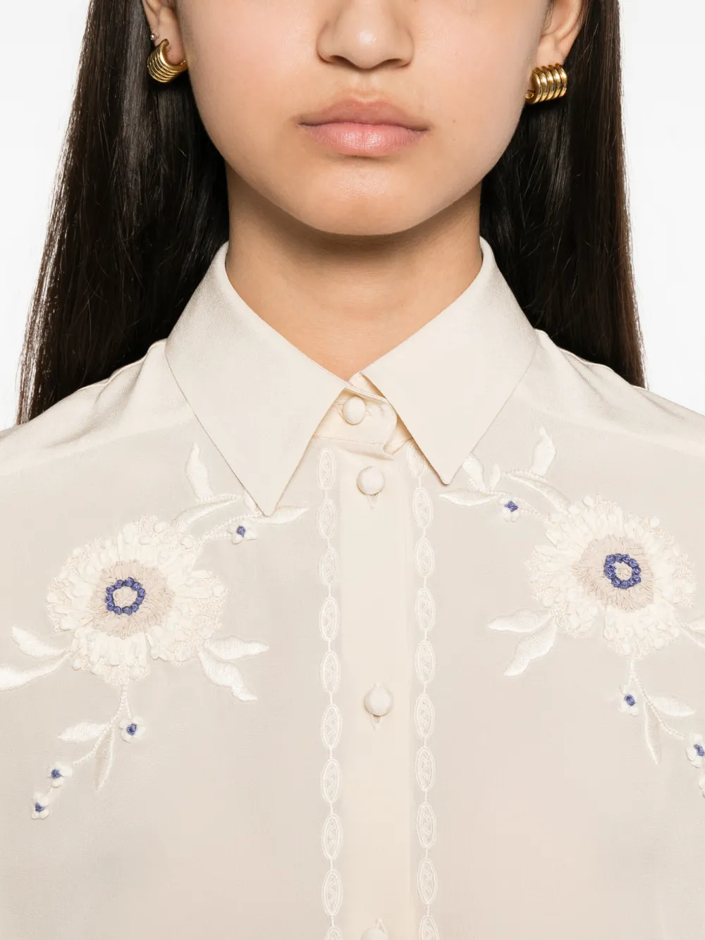 Valentino Garavani Blouse met geborduurde bloemen en geplooide mouwen Beige