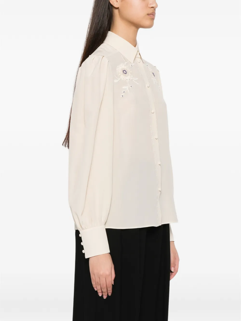 Valentino Garavani Blouse met geborduurde bloemen en geplooide mouwen Beige