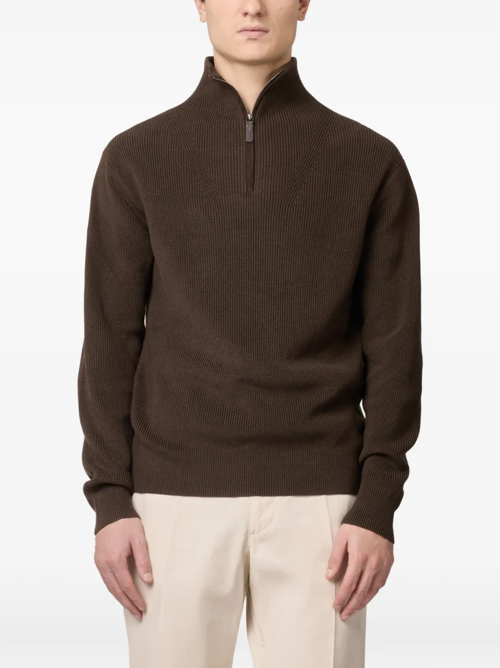 Tod's ribbed-knit quarter-zip Sweater | Brown | FARFETCH