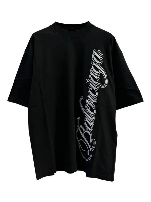 ✨希少✨BALENCIAGA 19SS Allover Logo T-Shirt Balenciaga Black Allover Logo Lines Shrunk T-Shirt Balenciaga