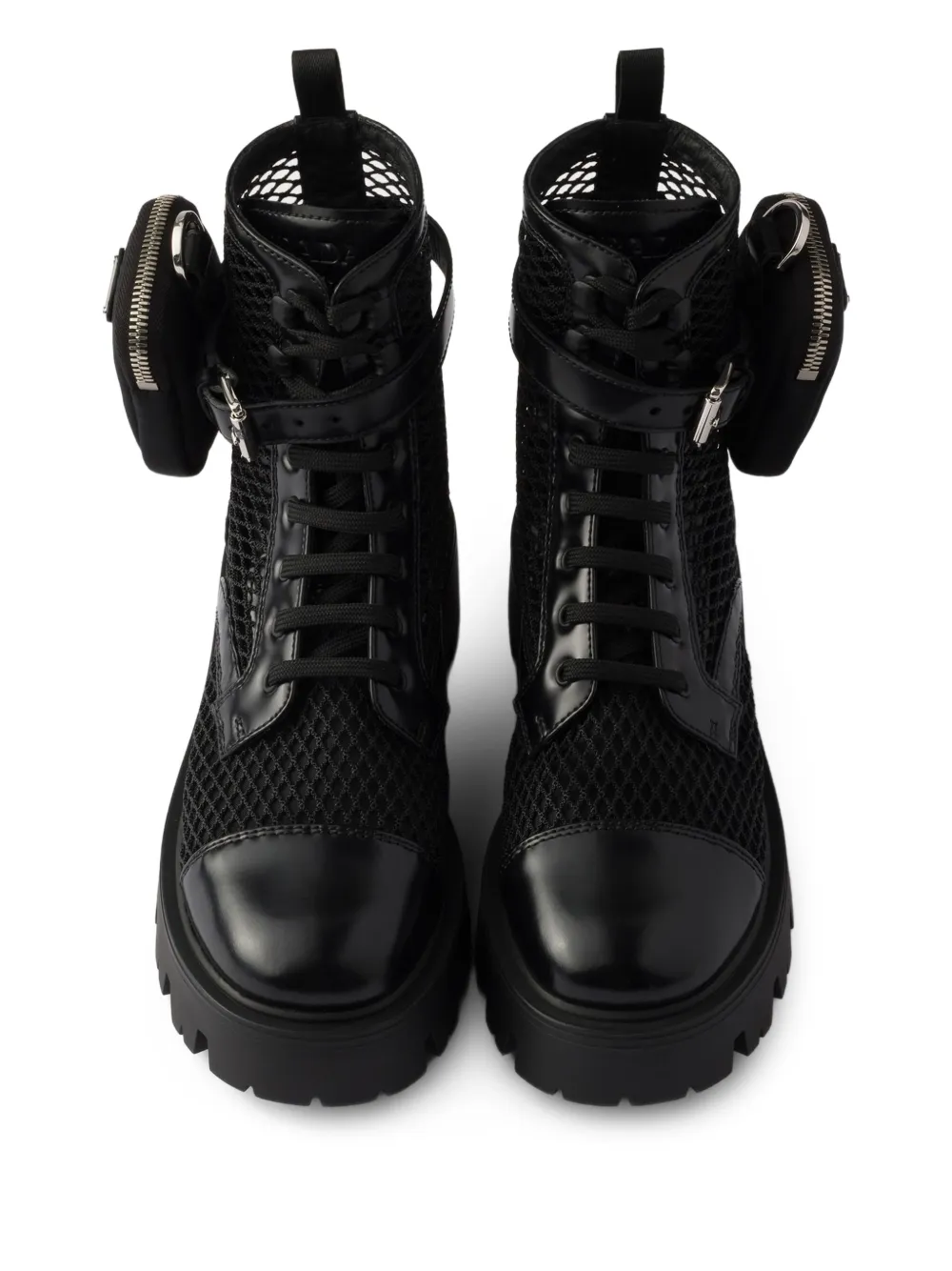 Prada Monolith mesh combat boots met buidel Zwart