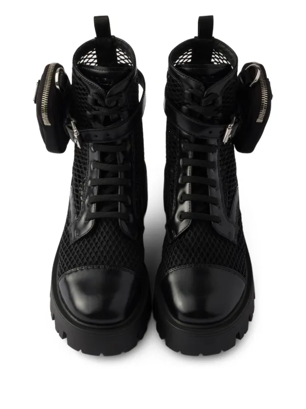Prada Mesh detachable-pouch Combat Boots | Black | FARFETCH