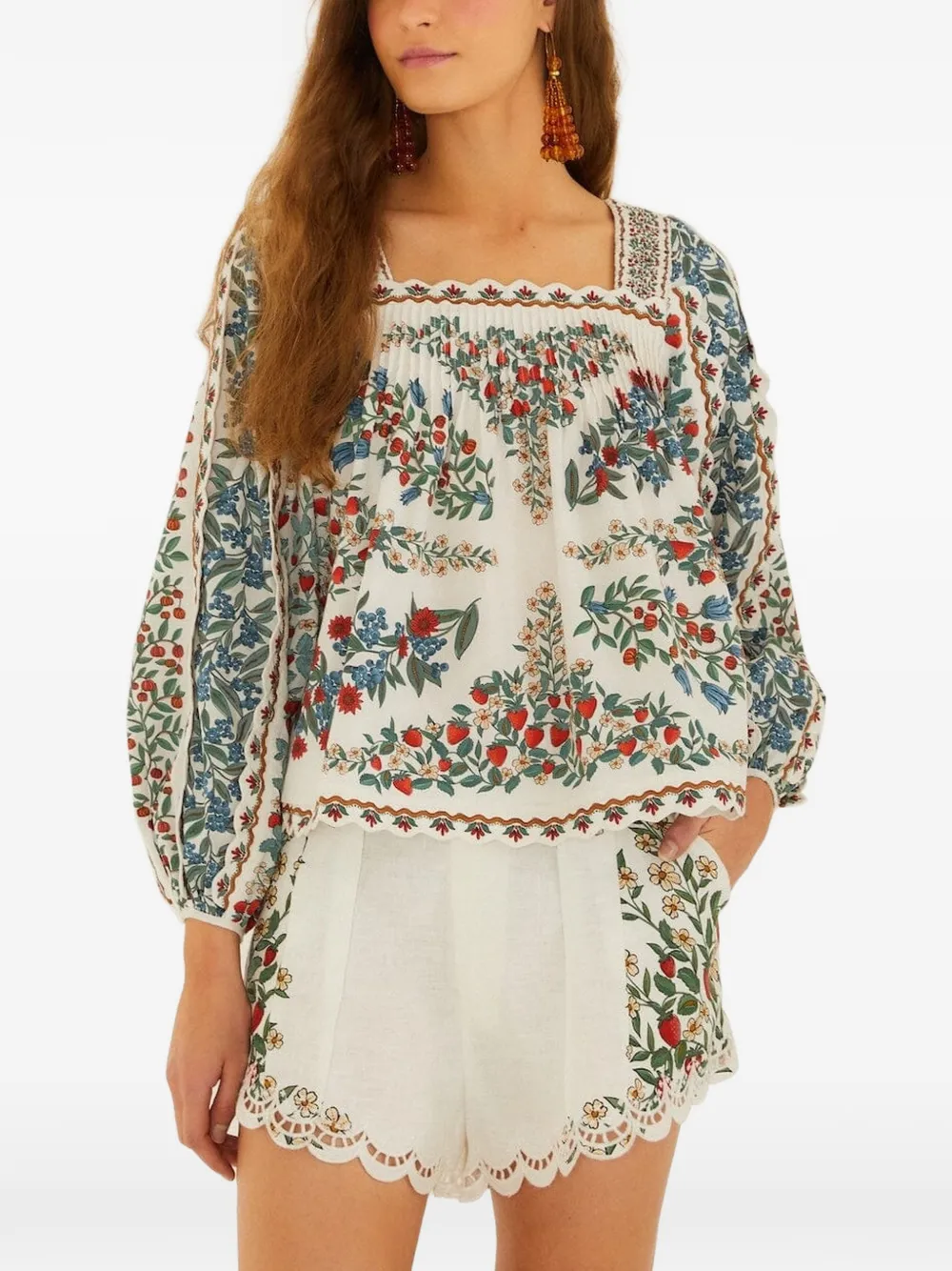 FARM Rio floral-print pleated blouse - Bianco