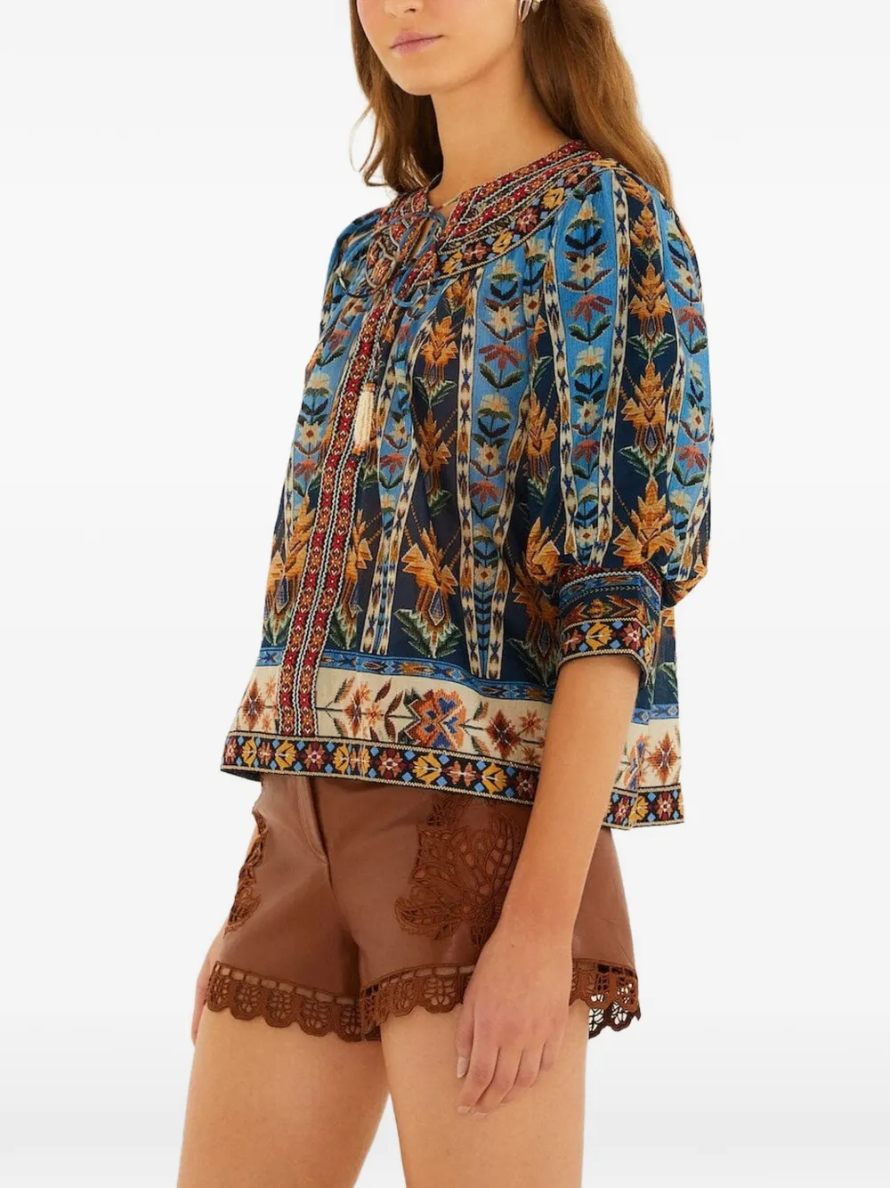 FARM Rio Top met print en kwastje Blauw