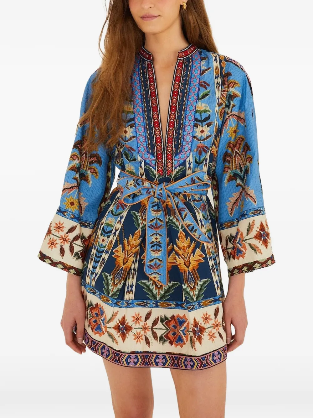 FARM Rio Embroidered Tapestry V-neck mini dress - Blu