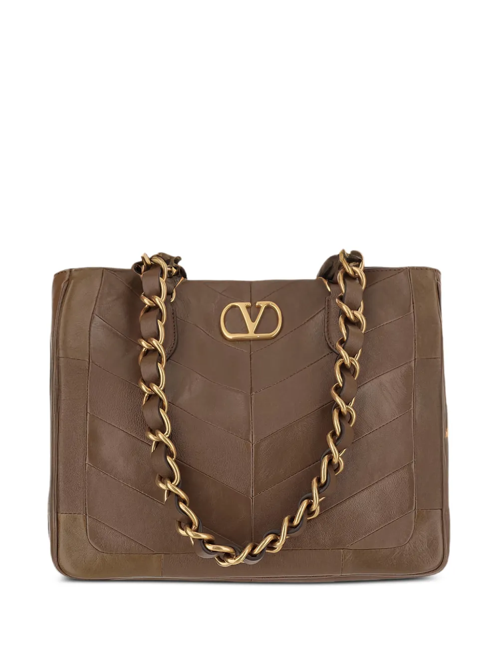 Valentino Garavani chevron-patchwork chain leather tote bag - Marrone