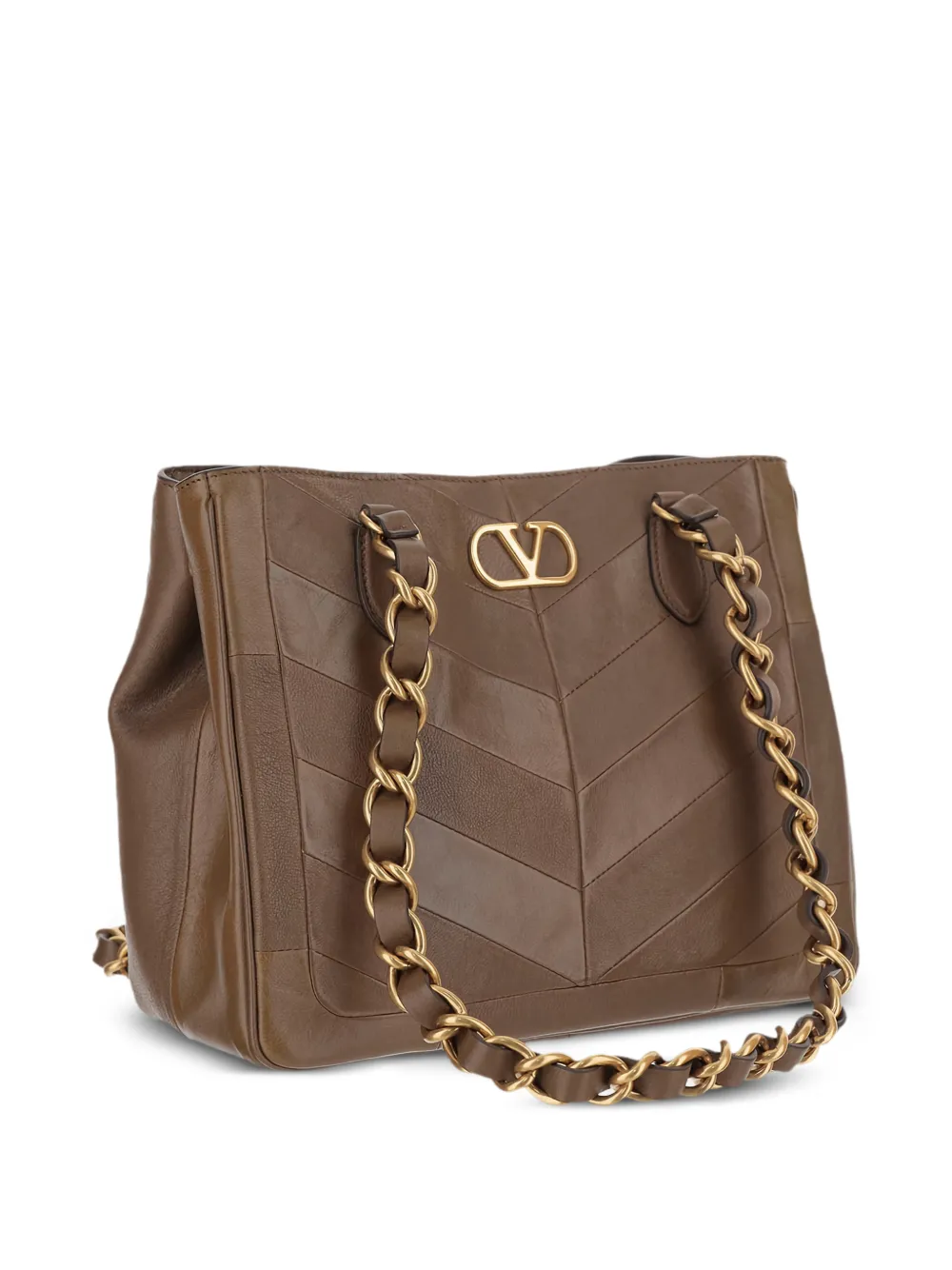 Valentino Garavani Leren shopper met chevron patchwork en ketting Bruin