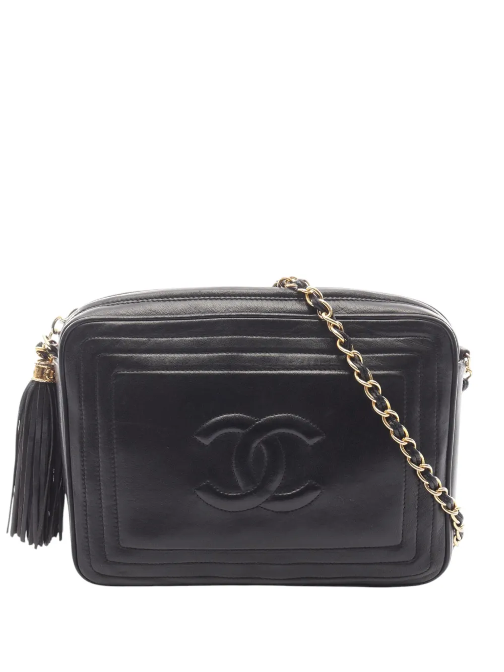 Pre-owned Chanel 1986-1988 Cc Lambskin Tassel Camera Bag Crossbody Bag In Black