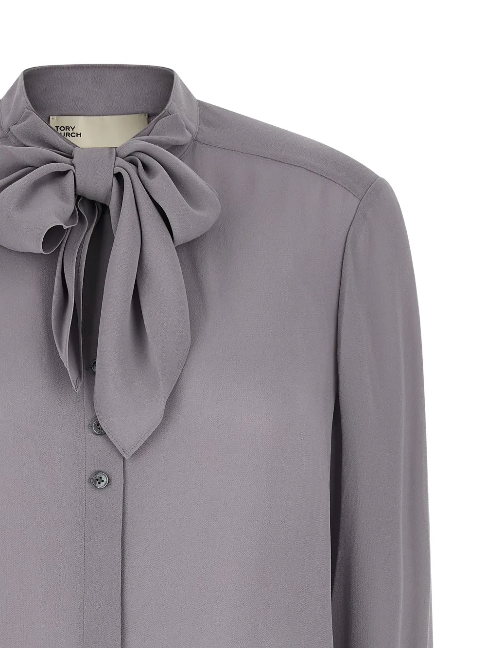  Tory Burch Georgette Bow Mandarin Collar Blouse - Grey 