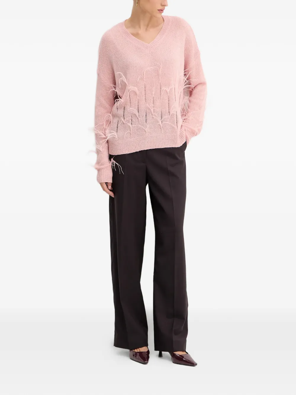  Fracomina Feather-embellished V-neck Sweater - Pink 