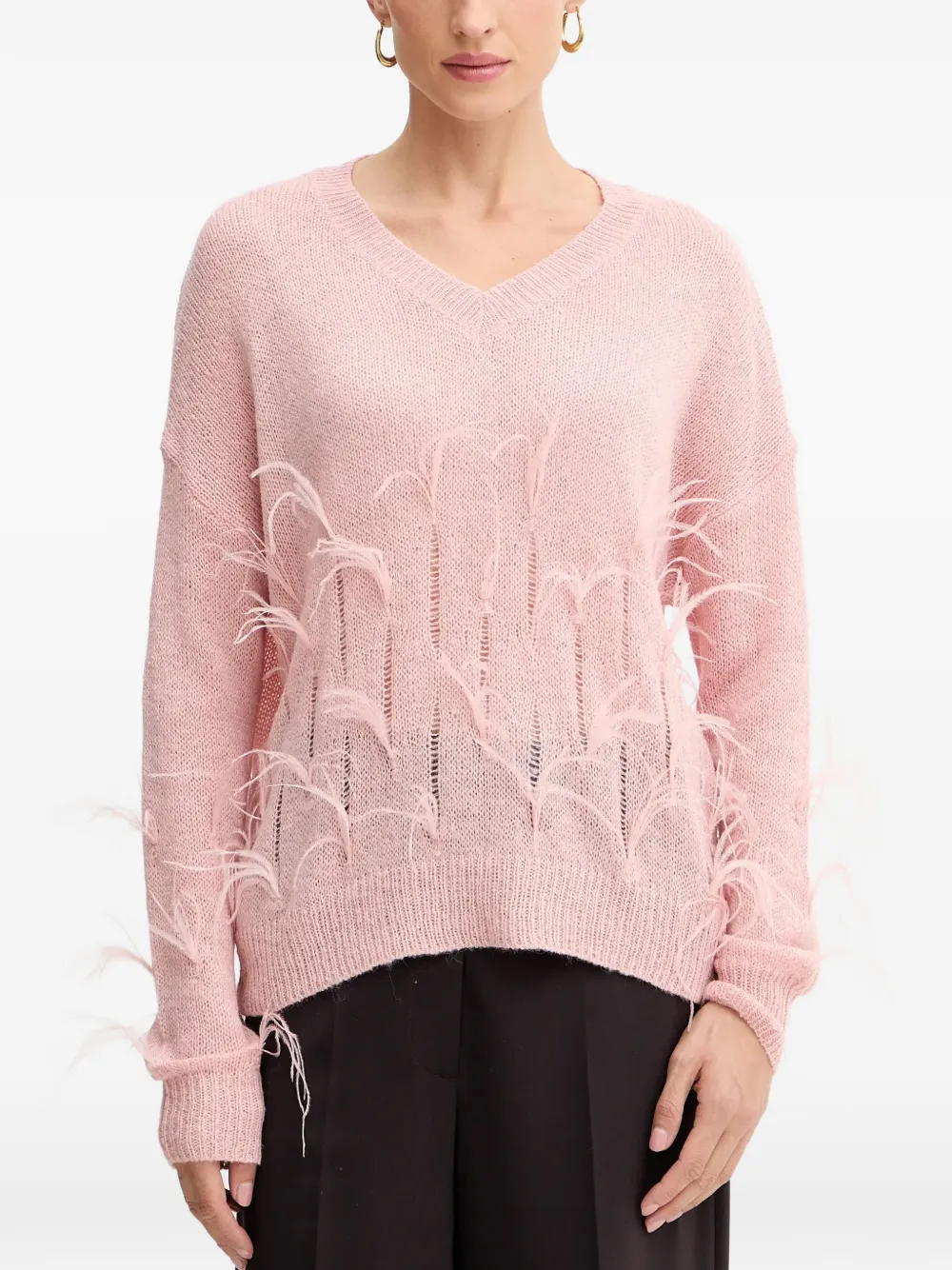 FRACOMINA feather-embellished V-neck sweater - Rosa
