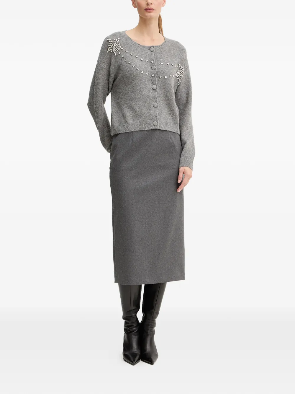 Stone-Embellishment Button-Fastening Cardigan