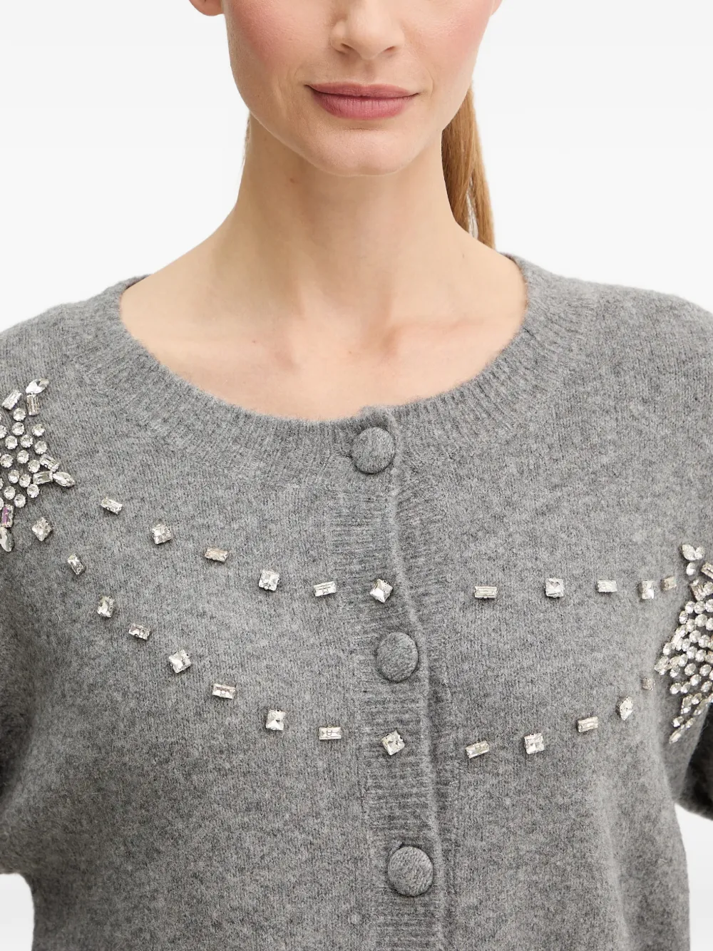 Stone-Embellishment Button-Fastening Cardigan