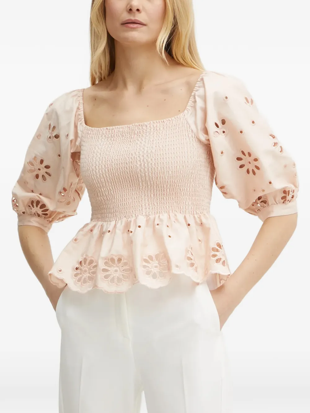 FRACOMINA floral-cut smocked blouse - Rosa