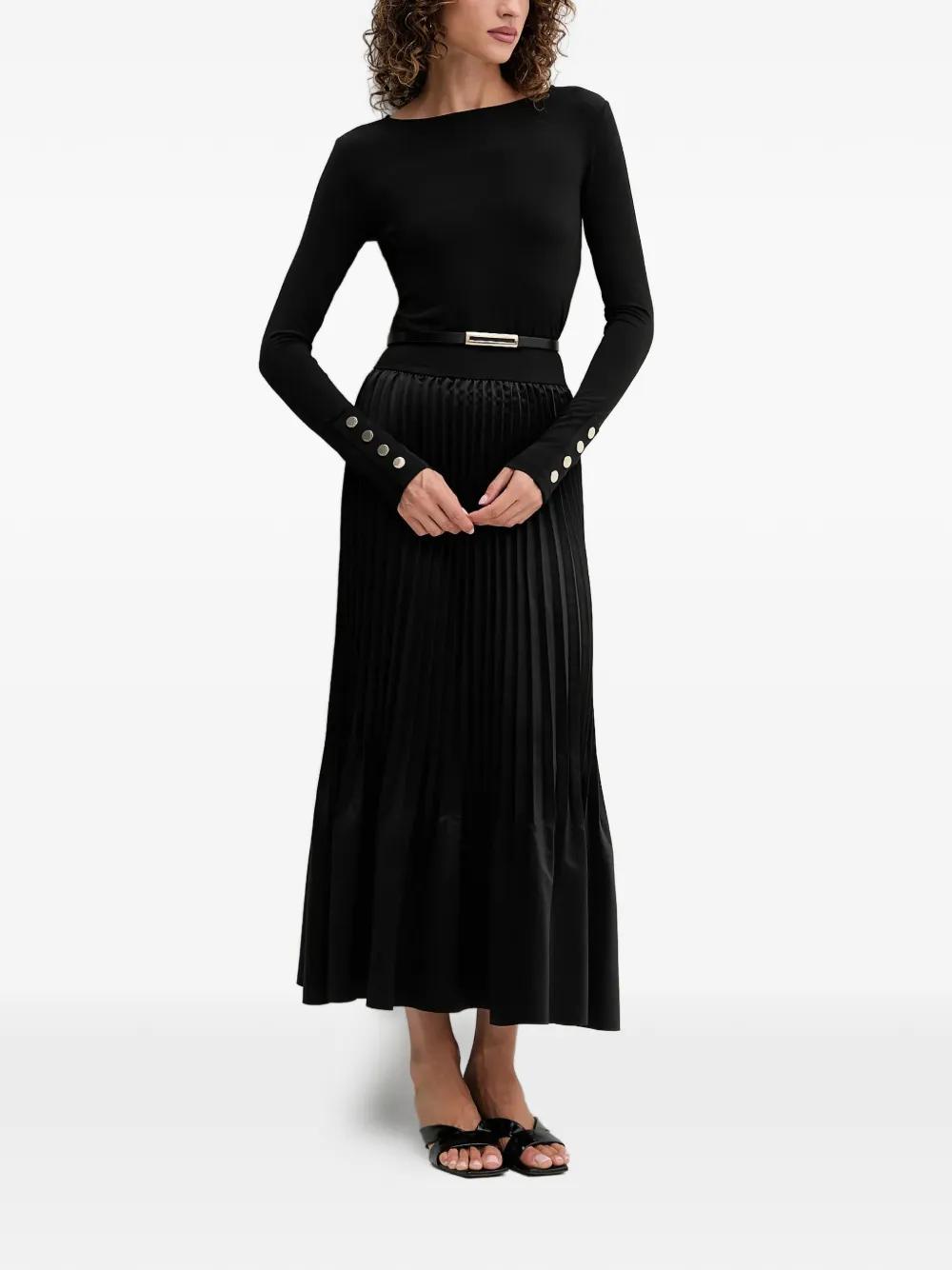 Long-Sleeve Pleated Midi Dress