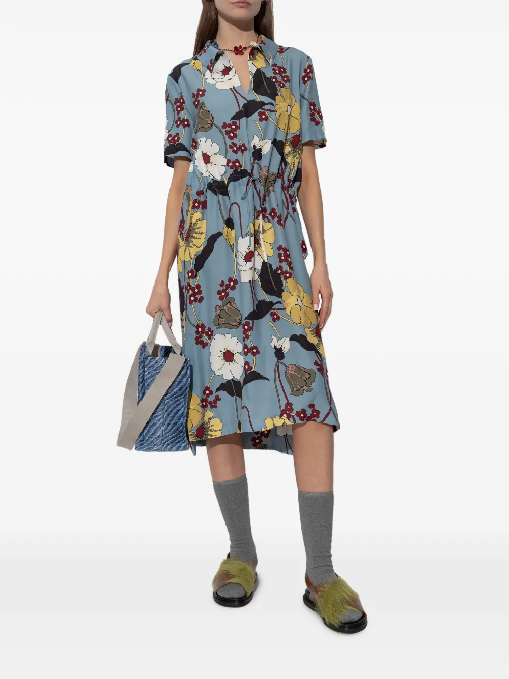 Marni floral-print drawstring midi dress - Blauw