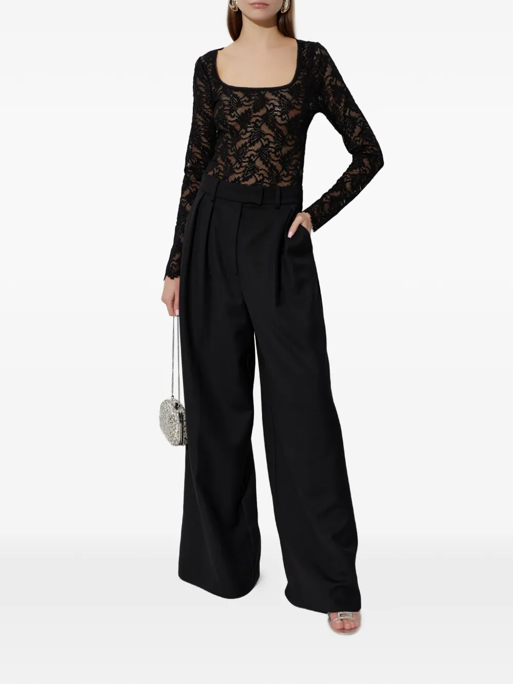 LoveShackFancy Jannie body met lange mouwen en kant - Zwart