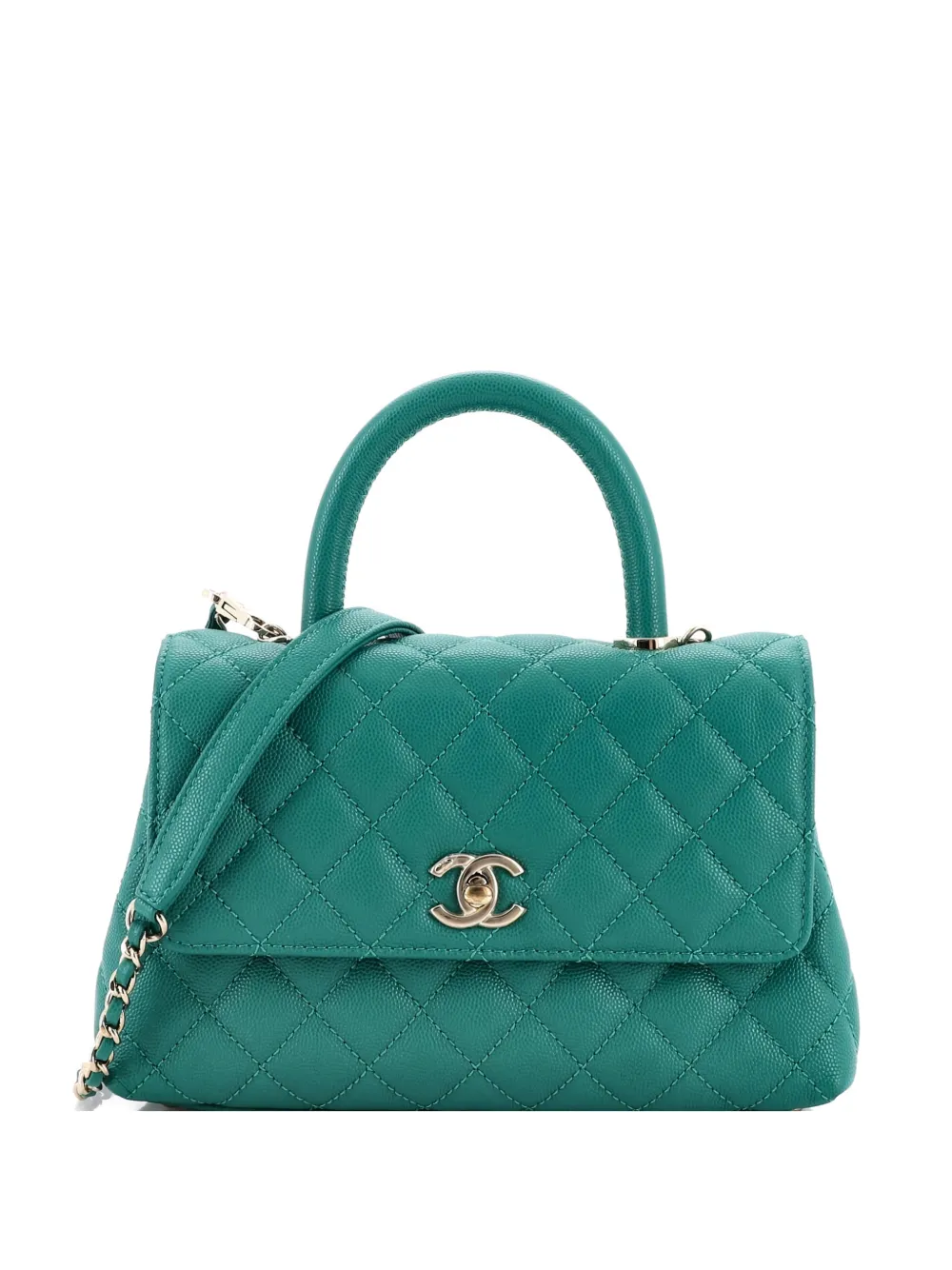Pre-owned Chanel Coco Top Handle Bag Quilted Caviar Mini Satchel In Green