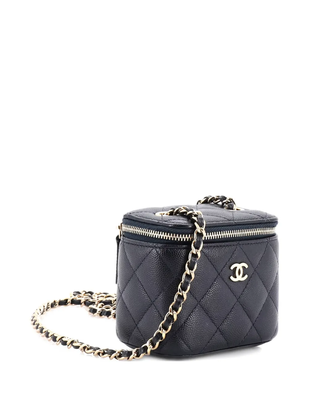 Pre-owned Chanel Classic Vanity Case With Chain Quilted Caviar Mini Pouch In Blue